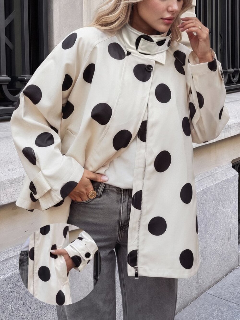 Black And White Casual Women's Polka Dot Print Raglan Long Sleeve Jacket